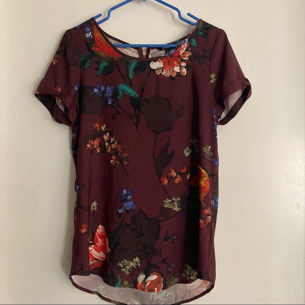 Purple floral blouse. Small. Circle hem. Back zipper detail. Express